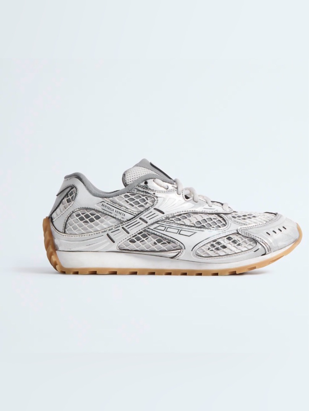 Bottega Veneta Men’s Silver-White Sneakers with Gum Sole